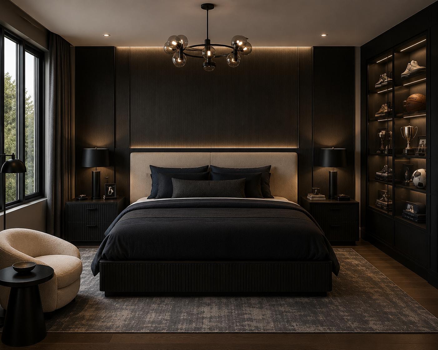 Primary suite of an upcoming House of HS residence, with dark oak millwork, a sculptural chandelier and a backlit display case.